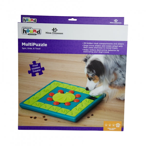 The MultiPuzzle dog puzzle is ideal for dogs who have mastered levels 1-3 of the Nina Ottosson puzzle line. Puzzle features a treat tray and 8 treat compartments with sliding blocks, covers, and locking inner wheel. Your dog will enjoy pawing, sniffing, and nudging the blocks around to reveal the hidden treats.