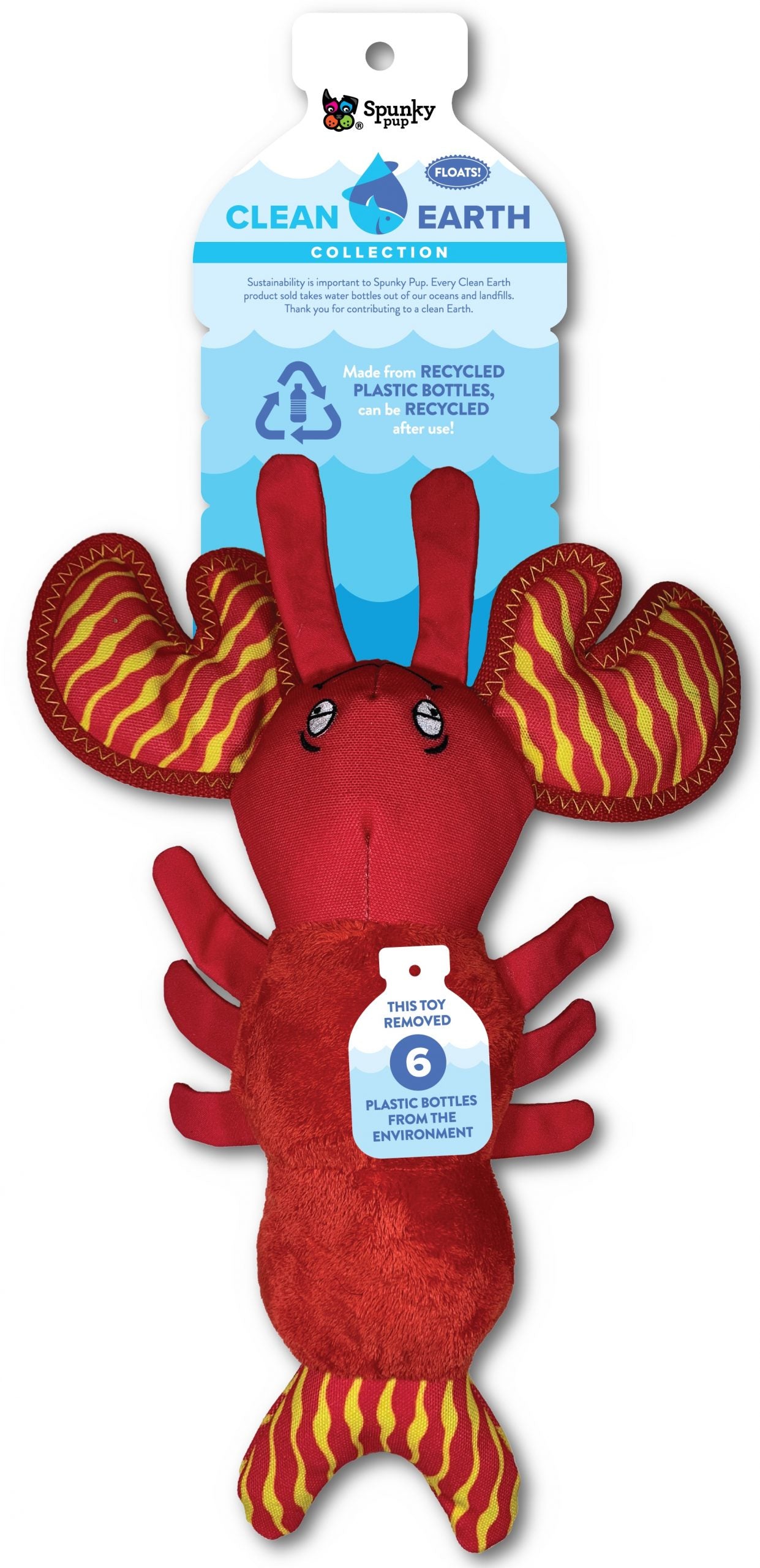 Remove plastic from the environment one toy at a time with the Clean Earth plush toys from Spunky Pup. Toys are made from 100% recycled plastic water bottles; including the fabric, stuffing, binding, and thread. Each toy redirects waste from up to 9 plastic water bottles from ending up in oceans, waterways, and landfills.  Toy is durable, floats, and includes a built-in squeaker for added fun!