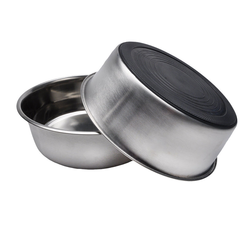 Bergan non-skid stainless steel dog bowls are beautiful, functional, and easy to clean. Bowls are heavy-duty and feature a brushed nickel outer finish and non-skid backing. Bowls will stay in place on non-carpeted surfaces.