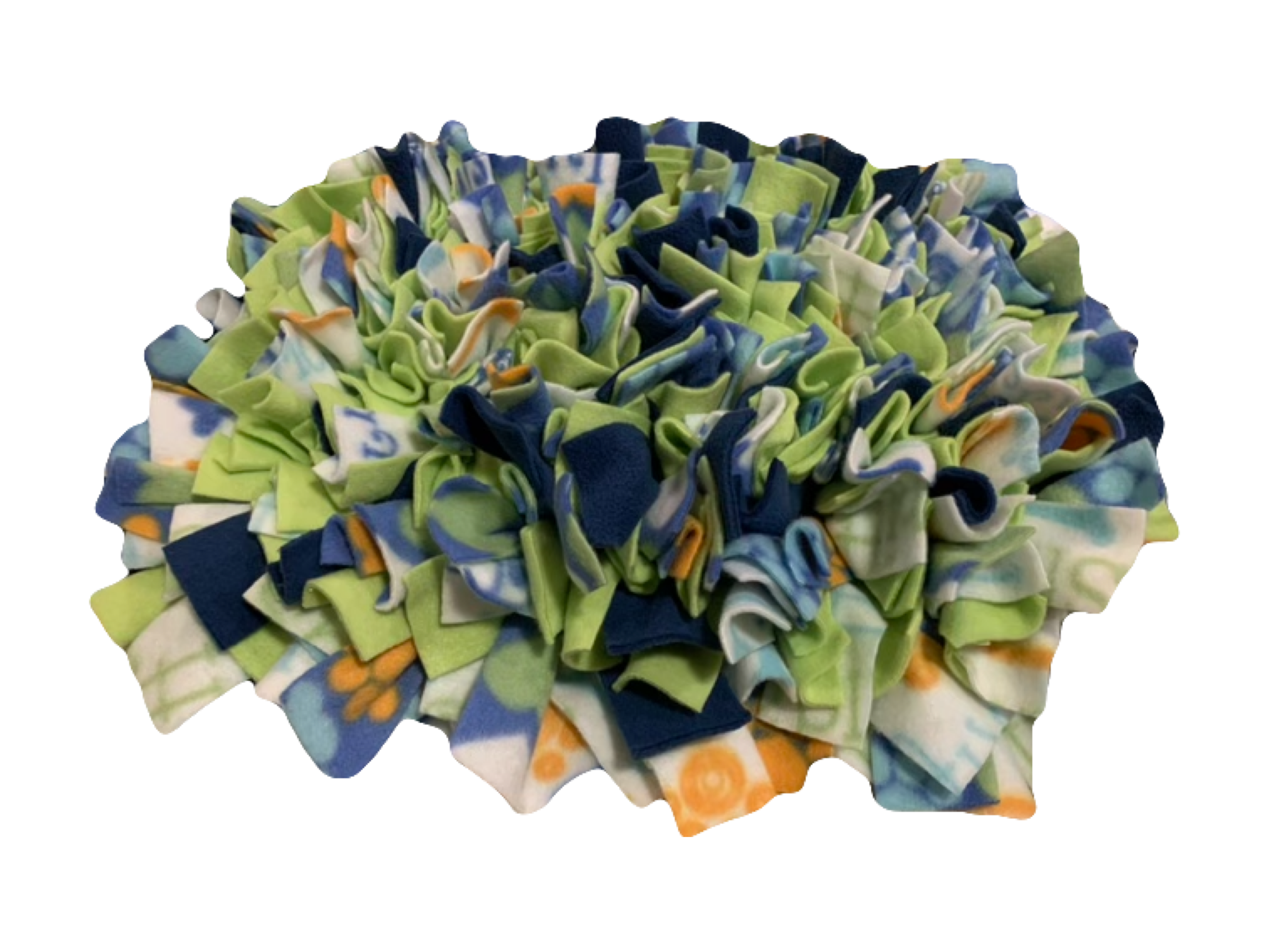 Our handmade multi-colored and multi-patterned snuffle mats are quadruple knotted to keep treats and dry food from falling through to the bottom of the mat. We use a heavy-duty rubber anti-fatigue mat for the base that is heavy, and will not slide around the floor like mats made from cheap plastic sink mats.