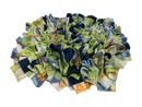 Our handmade multi-colored and multi-patterned snuffle mats are quadruple knotted to keep treats and dry food from falling through to the bottom of the mat. We use a heavy-duty rubber anti-fatigue mat for the base that is heavy, and will not slide around the floor like mats made from cheap plastic sink mats.