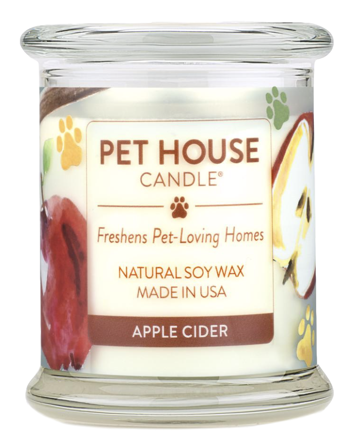 Pet House candles are hand-poured, and made from 100% natural, dye-free soy wax. Comes in an 8.5 oz. glass jar. Fragrance profile is a refreshing and spicy blend of fresh apple juice mixed with cinnamon and cloves.
