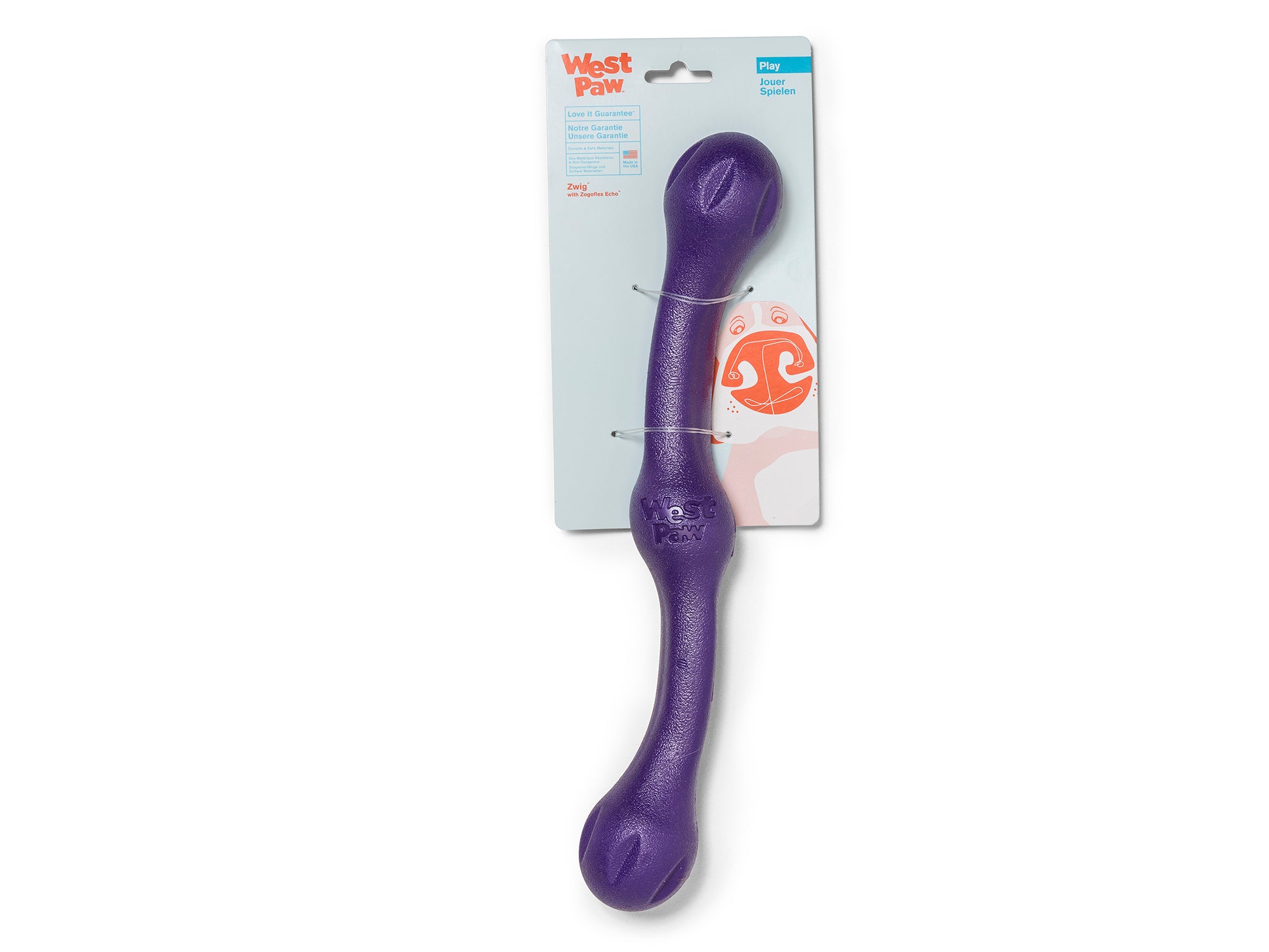 Zwig is a bendy and squishy fetching stick that combines shapes and textures to create an irresistible chew-feel with a bouncy action that keeps going even when dogs are just carrying it around. It is easy for puppies and senior dogs to grasp by mouth or hold between their paws while chewing.