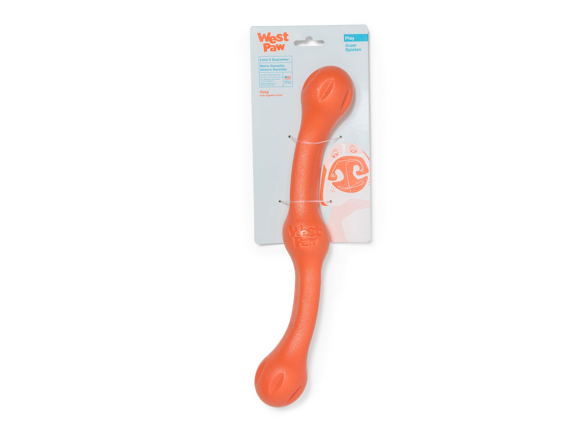 Zwig is a bendy and squishy fetching stick that combines shapes and textures to create an irresistible chew-feel with a bouncy action that keeps going even when dogs are just carrying it around. It is easy for puppies and senior dogs to grasp by mouth or hold between their paws while chewing.