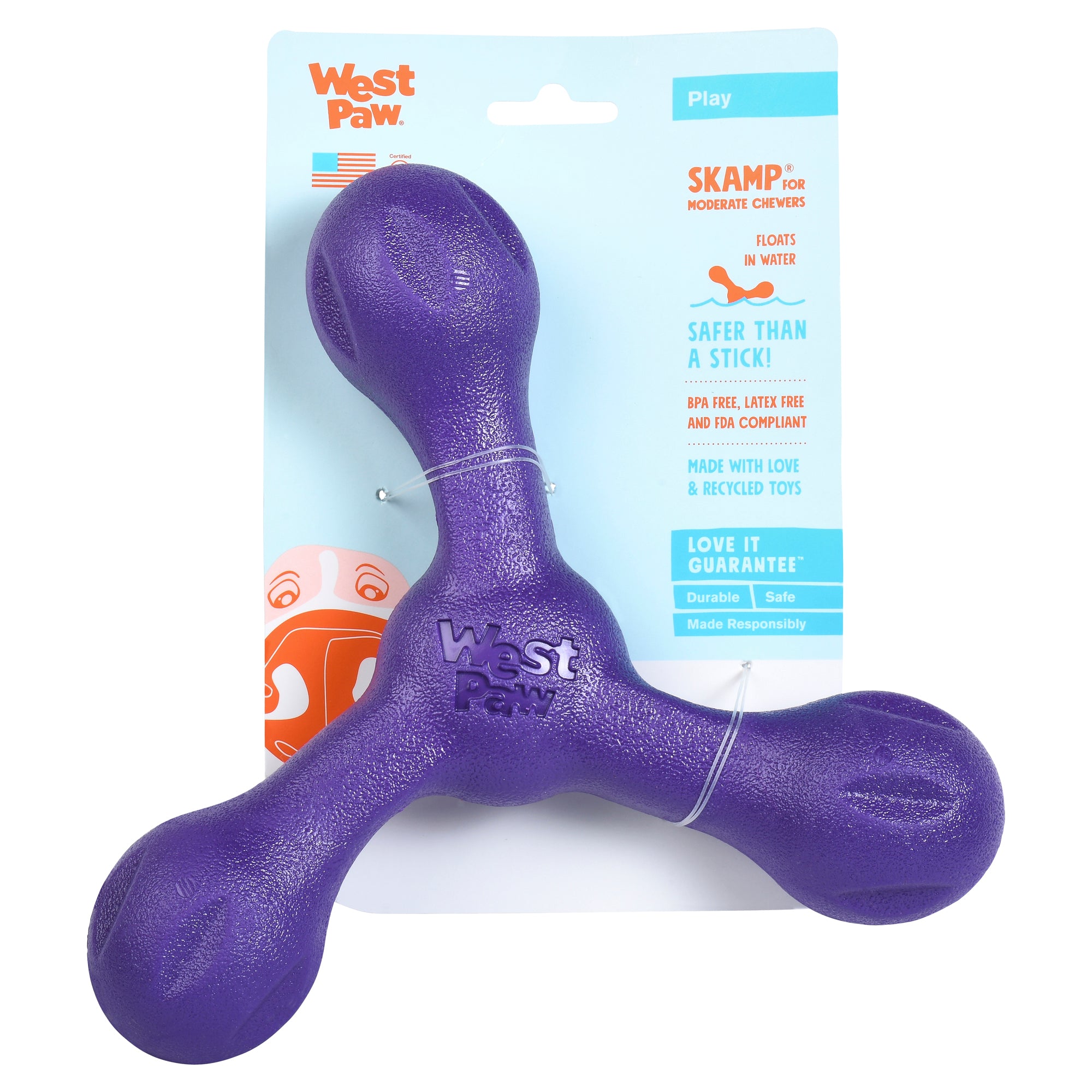 Skamp is a three-lobe shaped toy that is ready for toss, fetch, or tug-o-war. Toy floats and can fly far when tossed. Dogs love its bounce back resistance. Built for moderate chewers and made from Zogoflex, a bendy, stretchy, and bouncy material that is durable but not rigid. Toys are gentle on your dog's teeth.