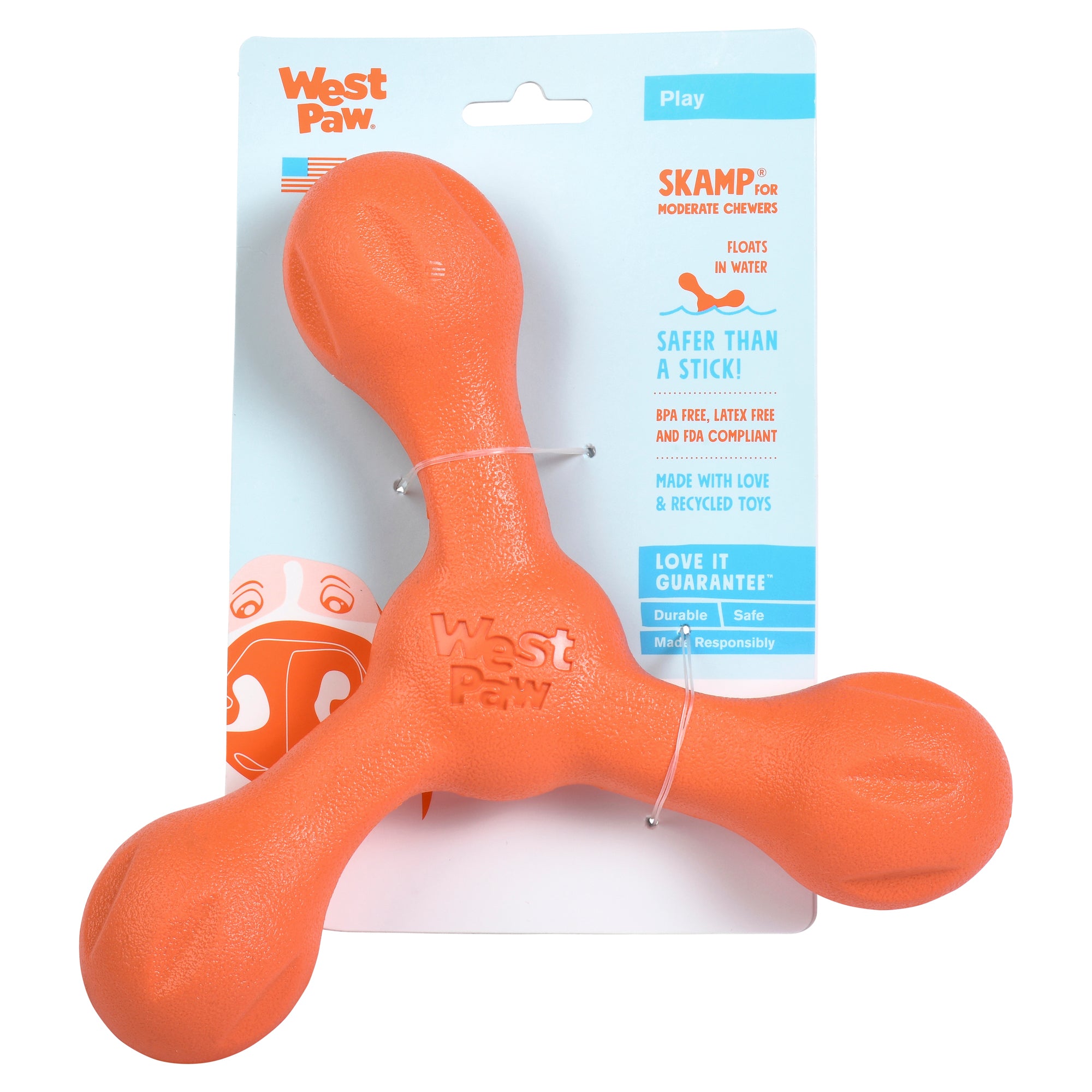 Skamp is a three-lobe shaped toy that is ready for toss, fetch, or tug-o-war. Toy floats and can fly far when tossed. Dogs love its bounce back resistance. Built for moderate chewers and made from Zogoflex, a bendy, stretchy, and bouncy material that is durable but not rigid. Toys are gentle on your dog's teeth.