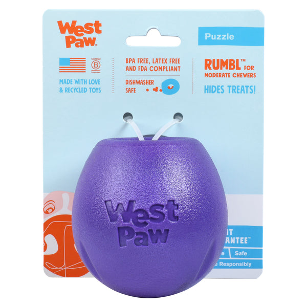 Rumbl is a super bouncy and crazy fun treat-dispensing puzzle toy with a playful wobble that adds excitement and increases engagement. Toy floats and dogs love the chewy resistance of the hollow construction. The unique "fish trap" opening makes for easy loading, yet keeps treats inside.