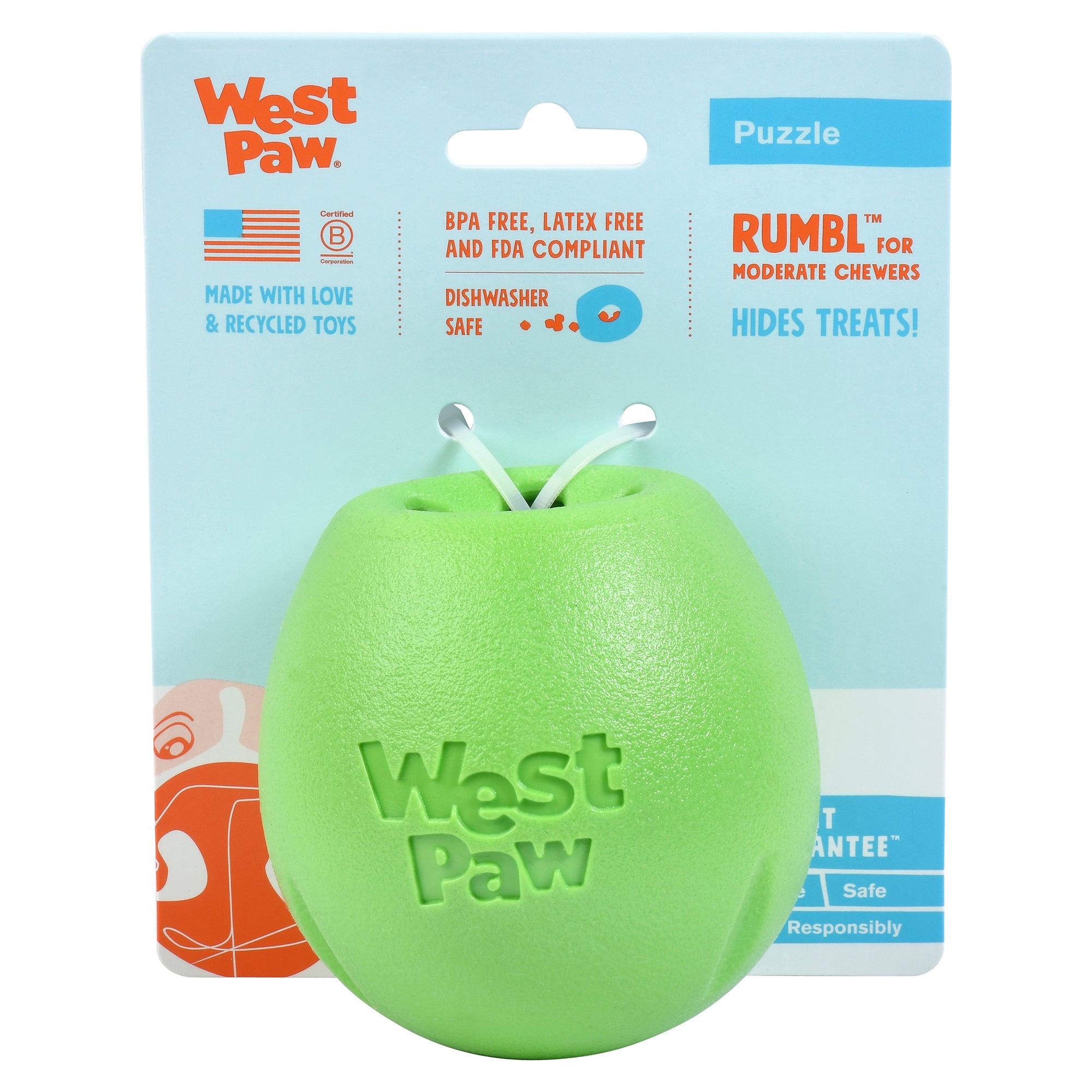 Rumbl is a super bouncy and crazy fun treat-dispensing puzzle toy with a playful wobble that adds excitement and increases engagement. Toy floats and dogs love the chewy resistance of the hollow construction. The unique "fish trap" opening makes for easy loading, yet keeps treats inside.