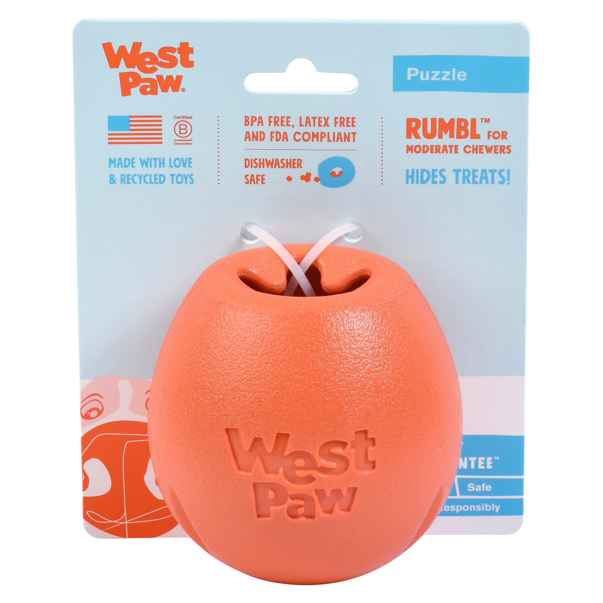 Rumbl is a super bouncy and crazy fun treat-dispensing puzzle toy with a playful wobble that adds excitement and increases engagement. Toy floats and dogs love the chewy resistance of the hollow construction. The unique "fish trap" opening makes for easy loading, yet keeps treats inside.