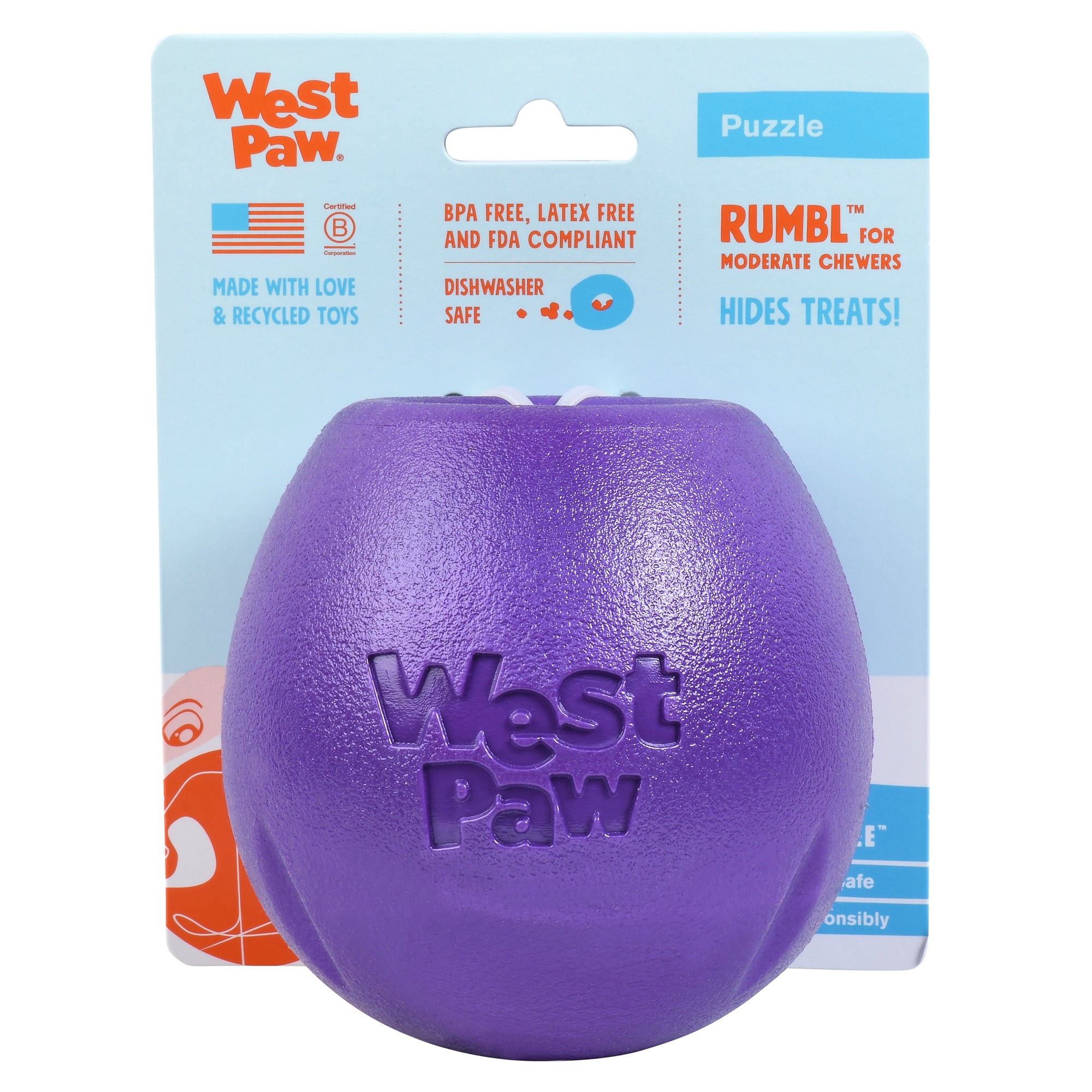 Rumbl is a super bouncy and crazy fun treat-dispensing puzzle toy with a playful wobble that adds excitement and increases engagement. Toy floats and dogs love the chewy resistance of the hollow construction. The unique "fish trap" opening makes for easy loading, yet keeps treats inside.
