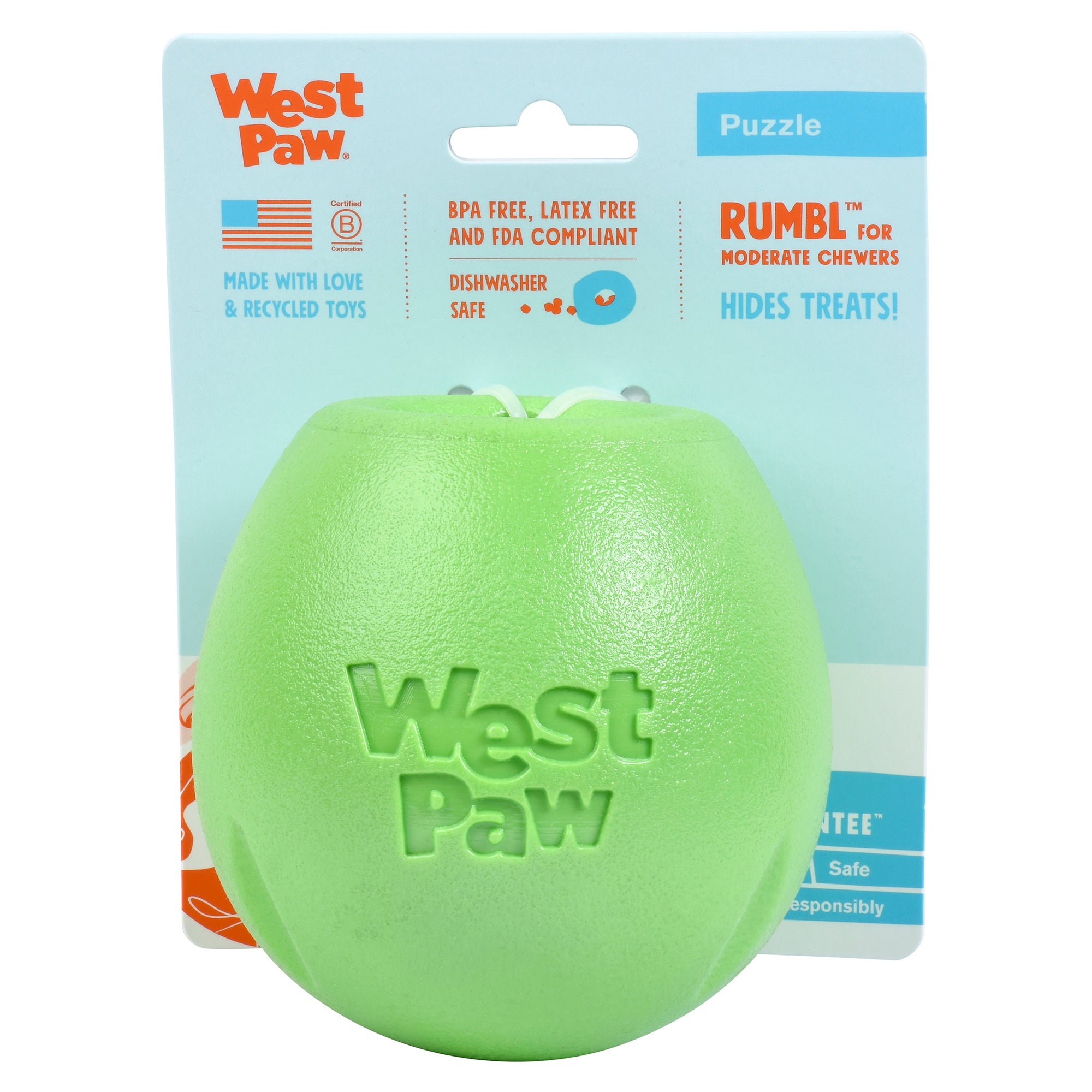 Rumbl is a super bouncy and crazy fun treat-dispensing puzzle toy with a playful wobble that adds excitement and increases engagement. Toy floats and dogs love the chewy resistance of the hollow construction. The unique "fish trap" opening makes for easy loading, yet keeps treats inside.