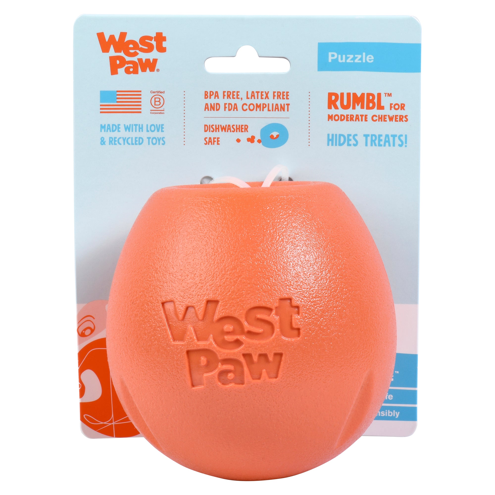 Rumbl is a super bouncy and crazy fun treat-dispensing puzzle toy with a playful wobble that adds excitement and increases engagement. Toy floats and dogs love the chewy resistance of the hollow construction. The unique "fish trap" opening makes for easy loading, yet keeps treats inside.