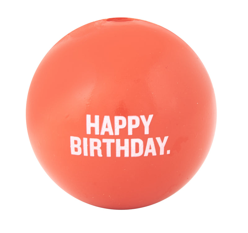 Happy Birthday ball is made from the award-winning Orbee-Tuff material, which is 100% recyclable and non-toxic. Ball is durable, bouncy, buoyant, and perfect for tossing, fetching, and bouncing. Toy is infused with natural mint oil.