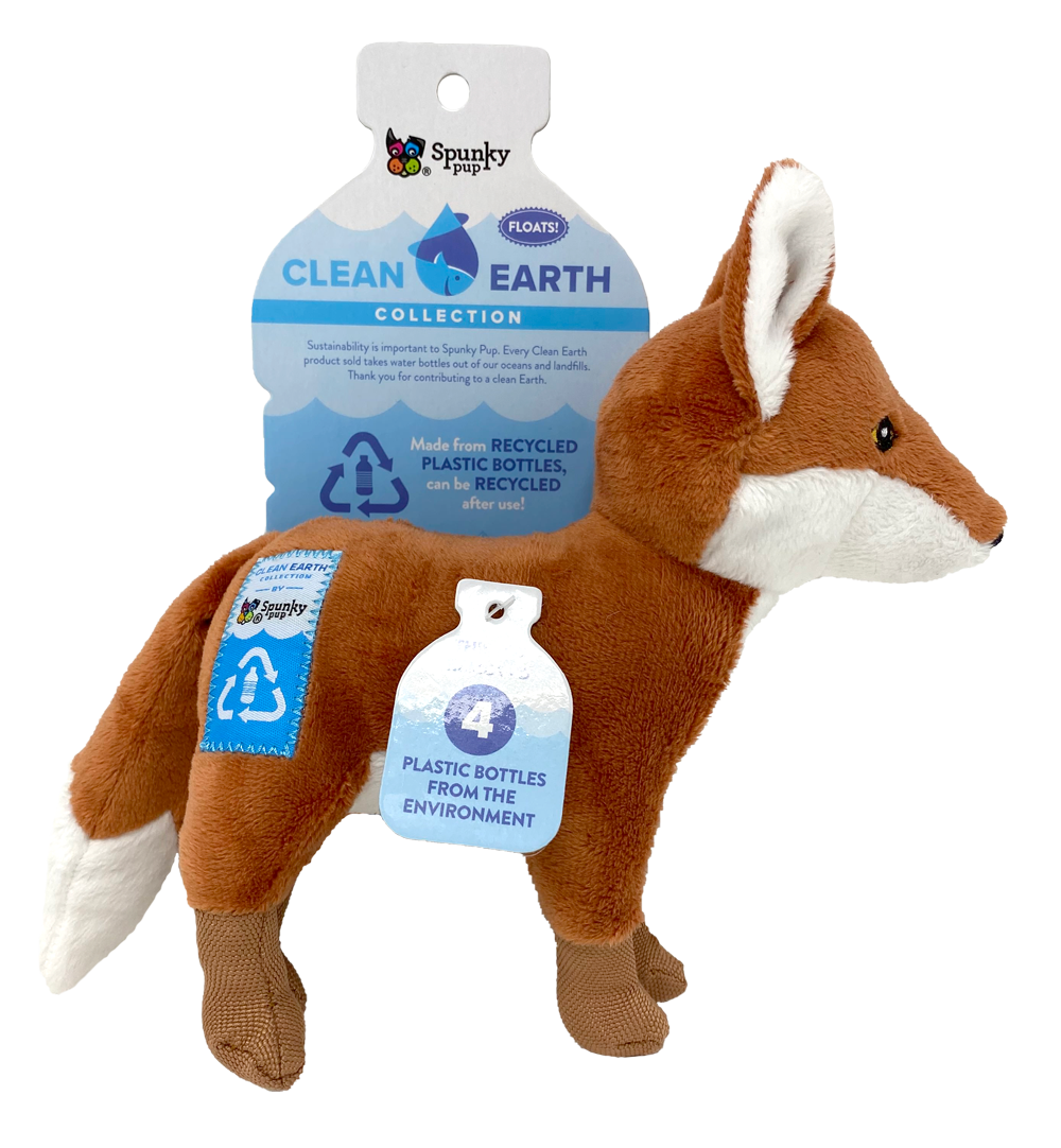 Clean Earth dog toys are made from 100% recycled plastic water bottles; including the fabric, stuffing, binding, and thread. Each toy redirects waste from up to 9 plastic water bottles from ending up in oceans, waterways, and landfills. Toy is durable, floats, and includes a built-in squeaker for added fun!