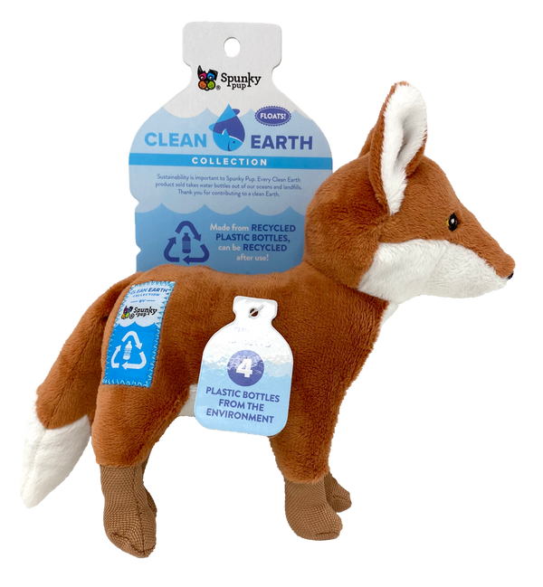 Clean Earth dog toys are made from 100% recycled plastic water bottles; including the fabric, stuffing, binding, and thread. Each toy redirects waste from up to 9 plastic water bottles from ending up in oceans, waterways, and landfills. Toy is durable, floats, and includes a built-in squeaker for added fun!