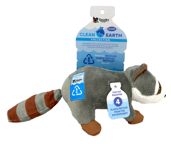 Clean Earth dog toys are made from 100% recycled plastic water bottles; including the fabric, stuffing, binding, and thread. Each toy redirects waste from up to 9 plastic water bottles from ending up in oceans, waterways, and landfills. Toy is durable, floats, and includes a built-in squeaker for added fun!