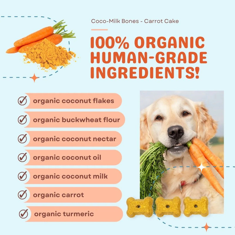 Coco-Milk Bones are crunchy and delicious treats that support optimal immune and digestive health in your dog. Treats are made with creamy organic coconut milk which is rich in medium chain triglycerides and is a healthy source of beneficial fatty acids.