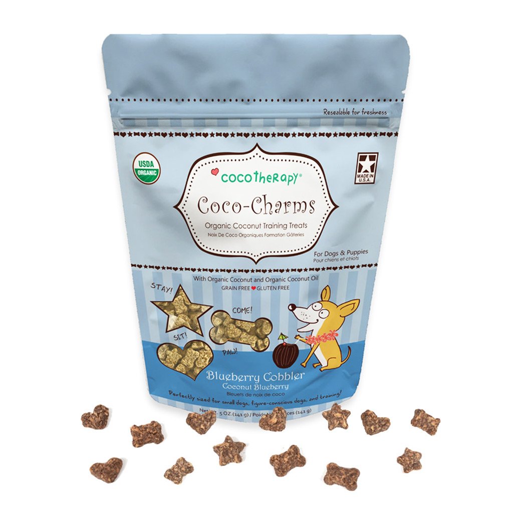 CocoTherapy Coco-Charms are only 1 calorie per treat. They are perfectly sized for small dogs or training purposes. Coco-Charms do not contain dairy, eggs, or grains, which make them perfect for pets on a limited ingredient diet or those with allergies or sensitive tummies.