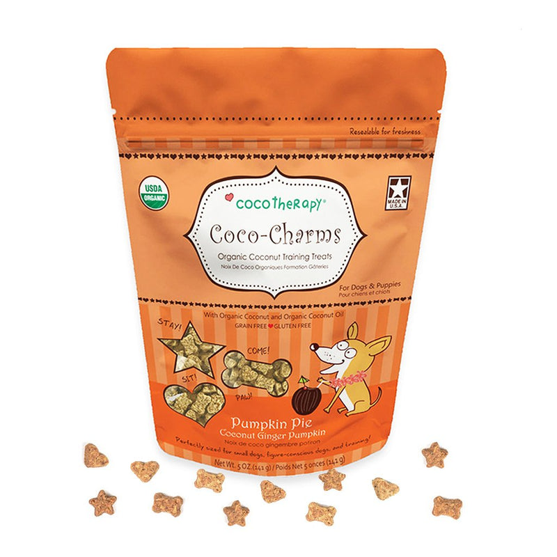 CocoTherapy Coco-Charms are only 1 calorie per treat. They are perfectly sized for small dogs or training purposes. Coco-Charms do not contain dairy, eggs, or grains, which make them perfect for pets on a limited ingredient diet or those with allergies or sensitive tummies.