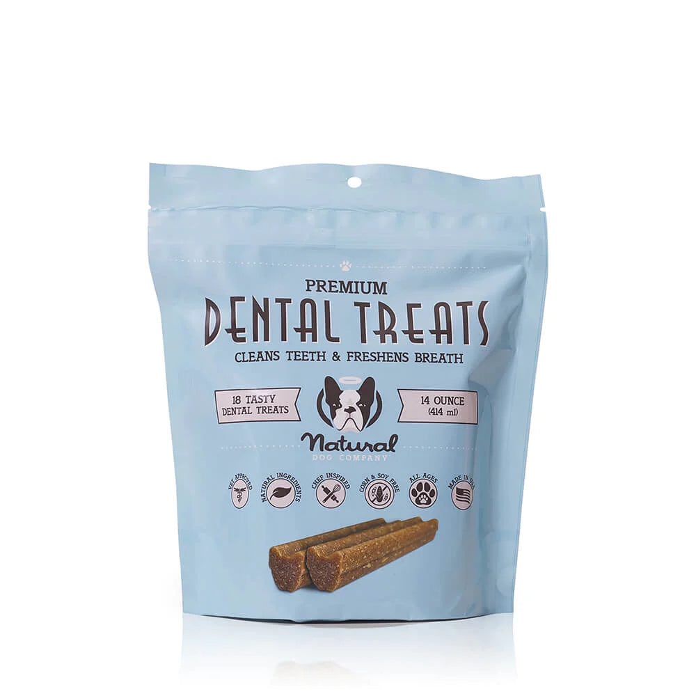 These dog approved snacks clean teeth and freshen breath. The unique shape of these dental treats help gently remove plaque and tartar as it is chewed. Our dental treats are natural and delicious, free of gluten, and artificial ingredients.