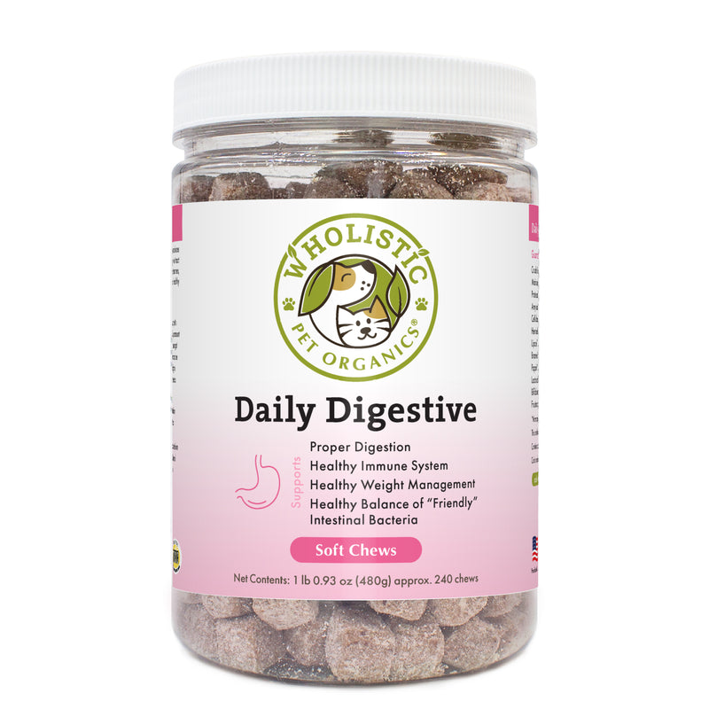 Wholistic Daily Digestive Soft Chews contain a concentrated and potent blend of digestive enzymes, prebiotics, and probiotics that support a healthy balance of normal gut flora.