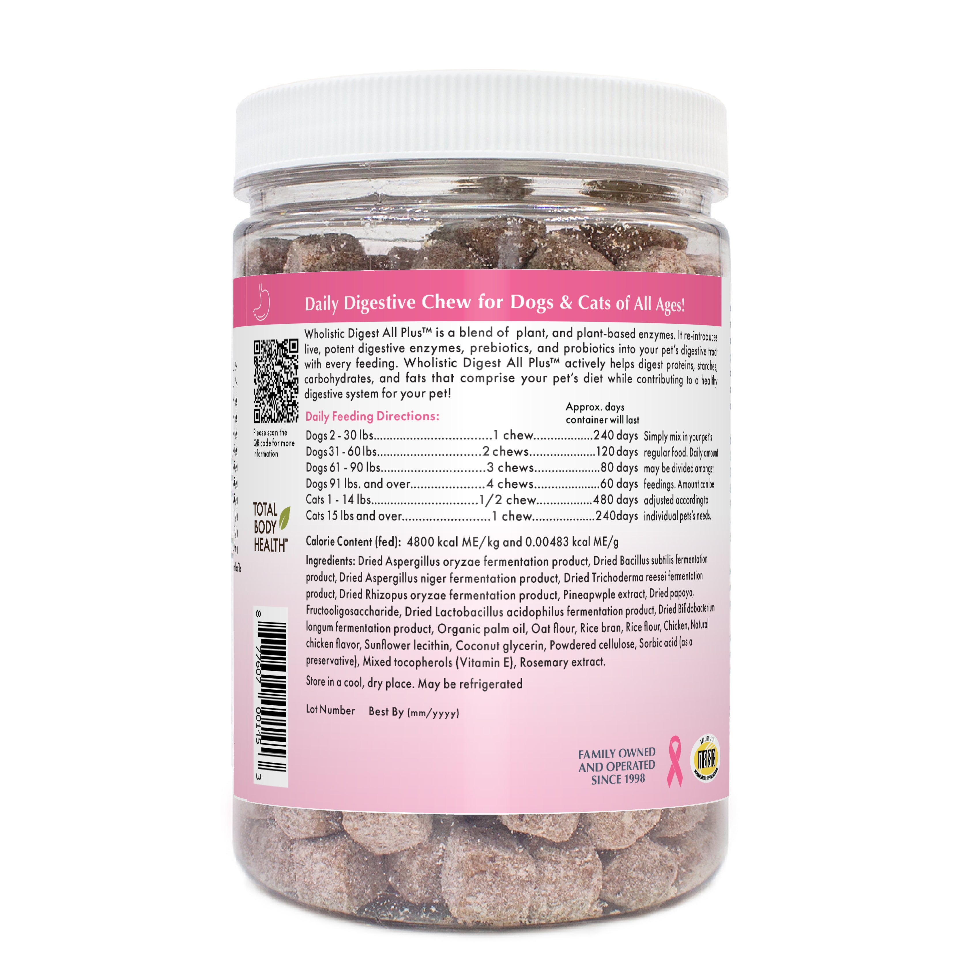 Wholistic Daily Digestive Soft Chews contain a concentrated and potent blend of digestive enzymes, prebiotics, and probiotics that support a healthy balance of normal gut flora.