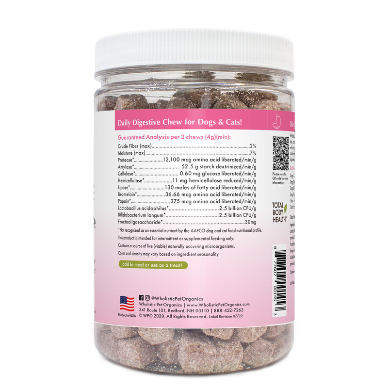Wholistic Daily Digestive Soft Chews contain a concentrated and potent blend of digestive enzymes, prebiotics, and probiotics that support a healthy balance of normal gut flora.