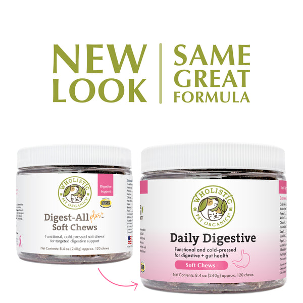 Wholistic Daily Digestive Soft Chews contain a concentrated and potent blend of digestive enzymes, prebiotics, and probiotics that support a healthy balance of normal gut flora.