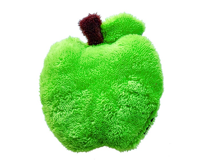 The Duraplush Apple dog toy is durable, soft, eco-friendly, and made in the USA. It features a Duraplush 2-ply bonded outer material, Stitchguard internal seams, and eco-fill recycled filling. Toy does not contain an internal squeaker.