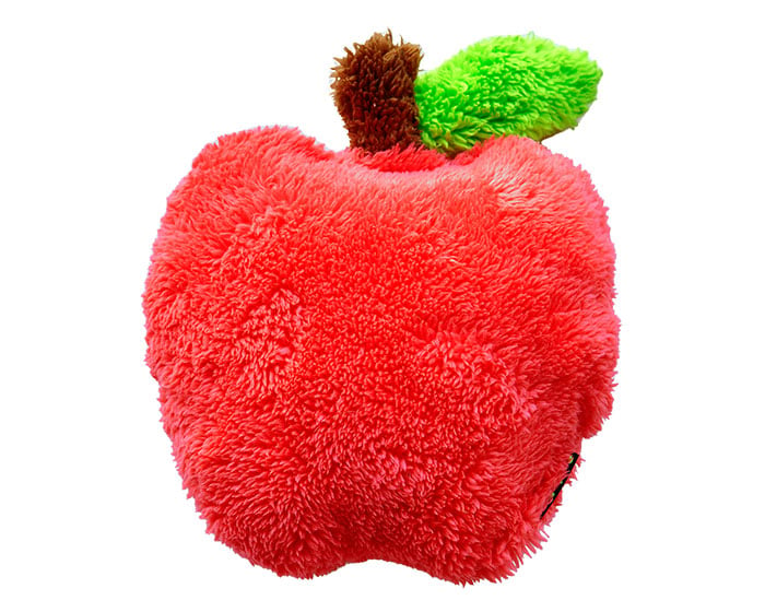 The Duraplush Apple dog toy is durable, soft, eco-friendly, and made in the USA. It features a Duraplush 2-ply bonded outer material, Stitchguard internal seams, and eco-fill recycled filling. Toy does not contain an internal squeaker.