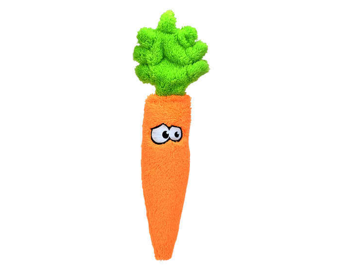 The Duraplush Carrot dog toy is durable, soft, eco-friendly, and made in the USA. It features a Duraplush 2-ply bonded outer material, Stitchguard internal seams, and eco-fill recycled filling. Toy does not contain an internal squeaker.