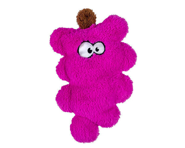 The Duraplush Grapes dog toy is durable, soft, eco-friendly, and made in the USA. It features a Duraplush 2-ply bonded outer material, Stitchguard internal seams, and eco-fill recycled filling. Toy does not contain an internal squeaker.