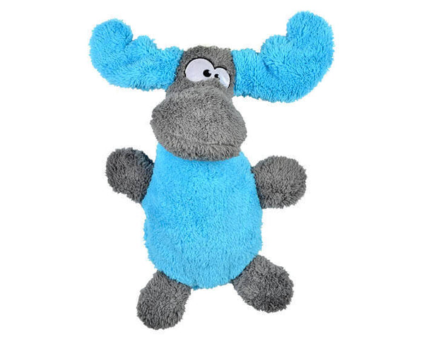 The Duraplush Moose dog toy is a favorite among staff dogs. This durable and soft dog toy is eco-friendly and made in the USA. It features a Duraplush 2-ply bonded outer material, Stitchguard internal seams, and eco-fill recycled filling. Toy does not contain an internal squeaker.