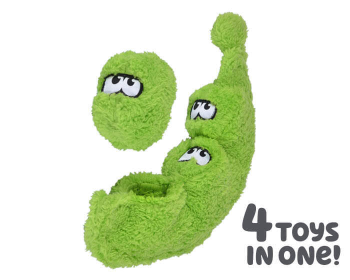 The Duraplush Peas in a Pod dog toy is durable, soft, eco-friendly, and made in the USA. It features a Duraplush 2-ply bonded outer material, Stitchguard internal seams, and eco-fill recycled filling. Toy does not contain an internal squeaker.