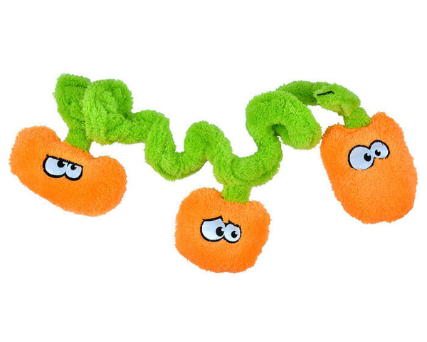 The Duraplush Springy Pumpkin Patch dog toy is durable, soft, eco-friendly, and made in the USA. It features a Duraplush 2-ply bonded outer material, Stitchguard internal seams, and eco-fill recycled filling. Toy does not contain an internal squeaker.