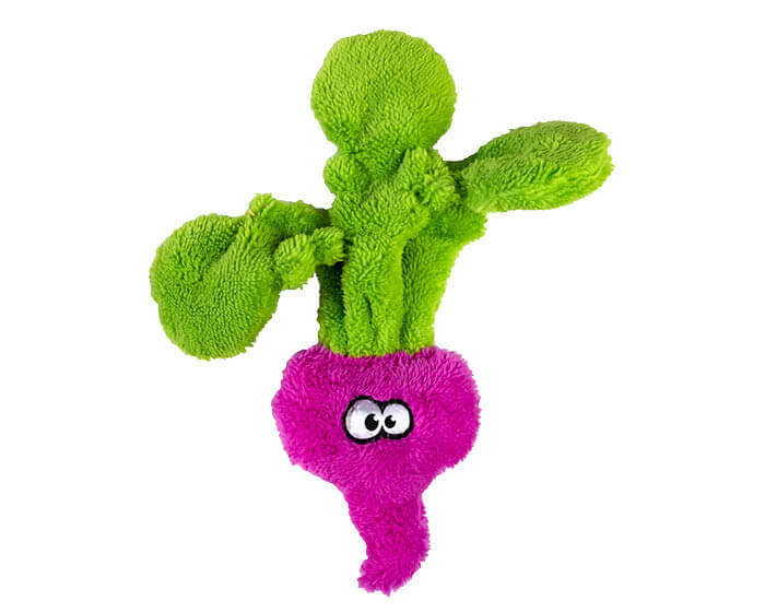 The Duraplush Radish dog toy is durable, soft, eco-friendly, and made in the USA. It features a Duraplush 2-ply bonded outer material, Stitchguard internal seams, and eco-fill recycled filling. Toy does not contain an internal squeaker.