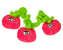 The Duraplush Vine of Tomatoes dog toy is durable, soft, eco-friendly, and made in the USA. It features a Duraplush 2-ply bonded outer material, Stitchguard internal seams, and eco-fill recycled filling. Toy does not contain an internal squeaker.