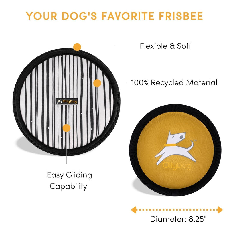 The pup-approved Olly Dog Flyer Disc is made from 100% recycled material that is durable and non-toxic. The soft and lightweight material makes it easy on dog teeth and gums. Ideal for tug-of-war or a game of fetch on land or water.