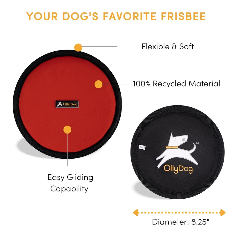 The pup-approved Olly Dog Flyer Disc is made from 100% recycled material that is durable and non-toxic. The soft and lightweight material makes it easy on dog teeth and gums. Ideal for tug-of-war or a game of fetch on land or water.