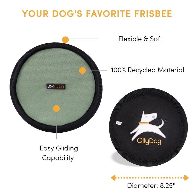 The pup-approved Olly Dog Flyer Disc is made from 100% recycled material that is durable and non-toxic. The soft and lightweight material makes it easy on dog teeth and gums. Ideal for tug-of-war or a game of fetch on land or water.