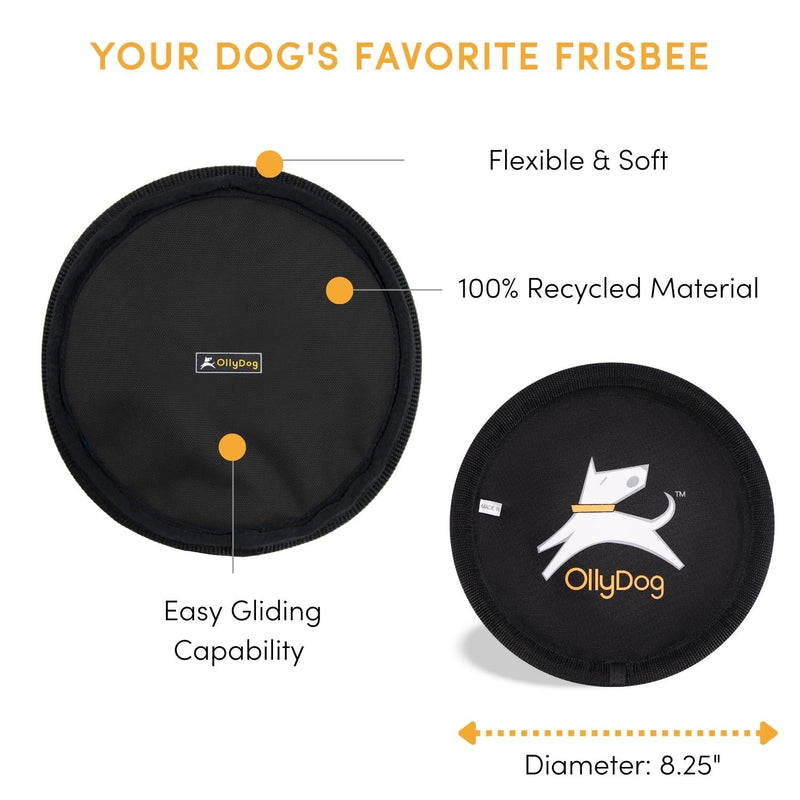 The pup-approved Olly Dog Flyer Disc is made from 100% recycled material that is durable and non-toxic. The soft and lightweight material makes it easy on dog teeth and gums. Ideal for tug-of-war or a game of fetch on land or water.