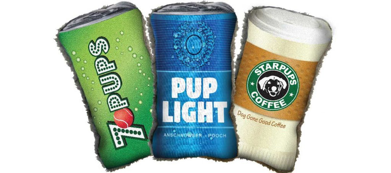 The Duraplush BrewGear Cans are durable and soft dog toys that are eco-friendly and made in the USA. They feature a Duraplush 2-ply bonded outer material, Stitchguard internal seams, and eco-fill recycled filling. Toys do not contain internal squeakers.