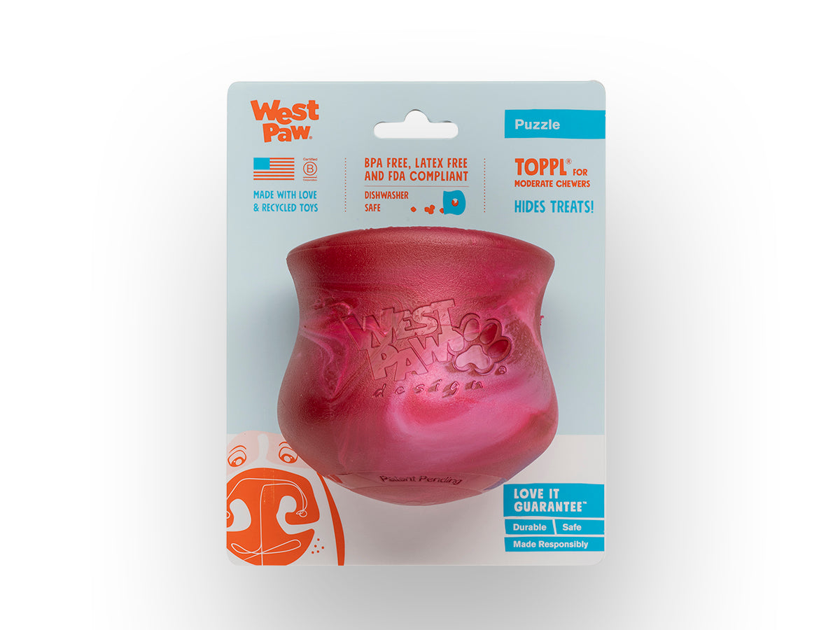 Toppl is an award-winning puzzle toy that can be stuffed full of your dog's favorite snacks. This interactive treat toy is topsy, turvy, and wobbly fun that keeps an active dog busy and brings out the playful side of an older dog.