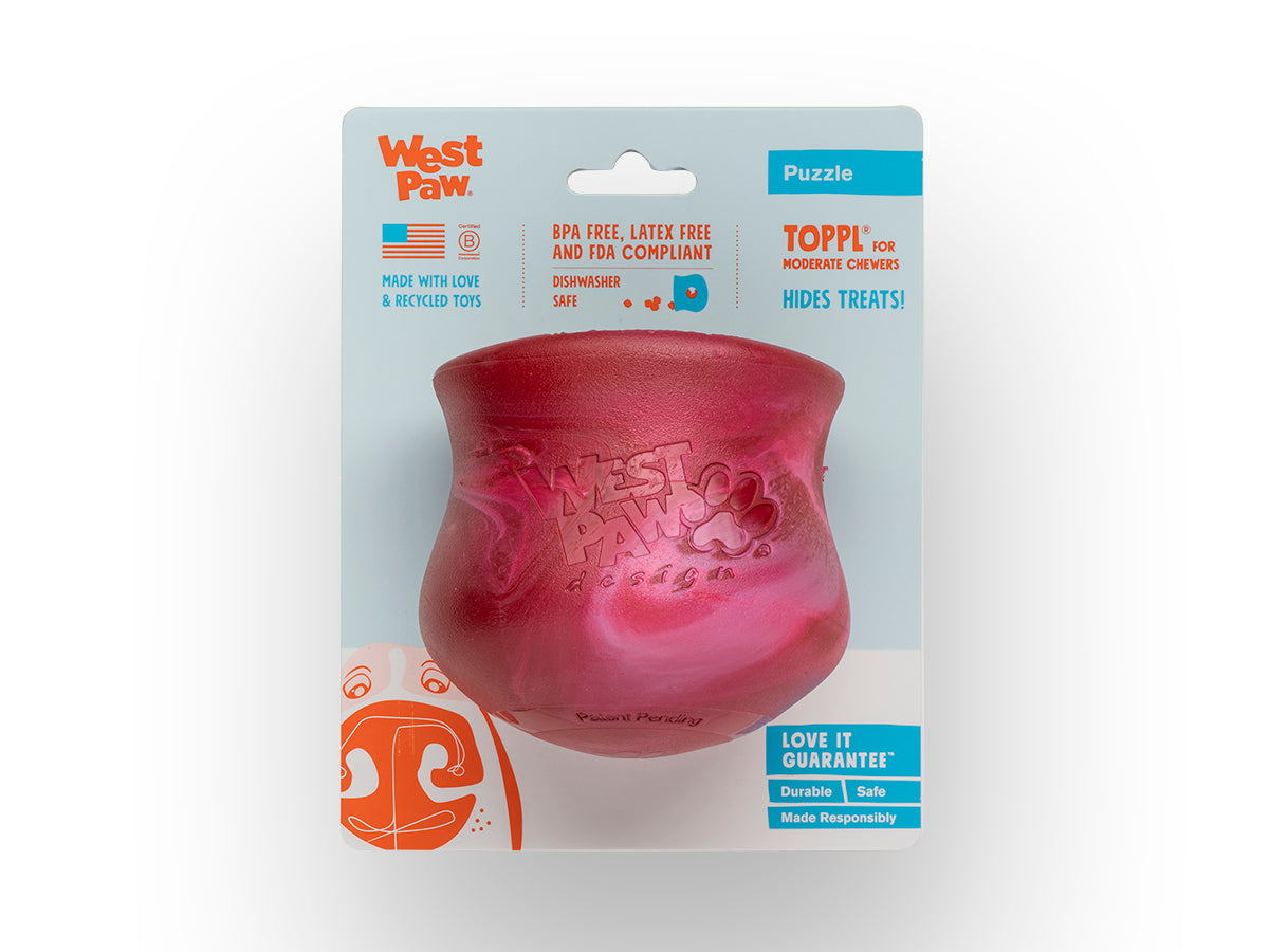 Toppl is an award-winning puzzle toy that can be stuffed full of your dog's favorite snacks. This interactive treat toy is topsy, turvy, and wobbly fun that keeps an active dog busy and brings out the playful side of an older dog.