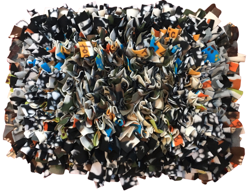 Our handmade multi-colored and multi-patterned snuffle mats are quadruple knotted to keep treats and dry food from falling through to the bottom of the mat. We use a heavy-duty rubber anti-fatigue mat for the base that is heavy, and will not slide around the floor like mats made from cheap plastic sink mats.