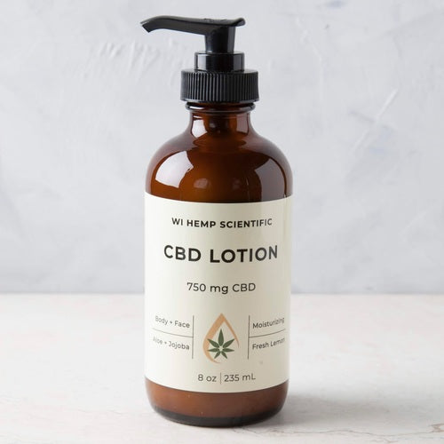 The 750 mg. Hemp Lotion from Wisconsin Hemp Scientific is made with soothing organic aloe, vitamin and mineral-loaded jojoba seed oil, and natural sun protection from hemp chlorophyll. It is well suited for all skin types and can be used on your face or body. Leaves skin feeling silky soft. Comes with a pump for easy dispensing.