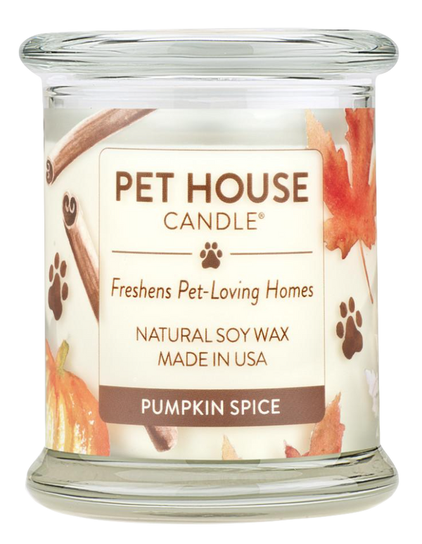 Pet House candles are hand-poured, and made from 100% natural, dye-free soy wax. Comes in an 8.5 oz. glass jar. Fragrance profile is a warm and spicy blend of pumpkin, cinnamon sugar, maple butter, and vanilla bean.