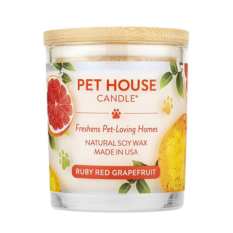 Pet House candles are hand-poured, and made from 100% natural, dye-free soy wax. Comes in an 8.5 oz. glass jar. Fragrance profile is a bright and refreshing combination of zesty red grapefruit with a hint of red currant, balanced with the subtle scent of grapefruit flower.