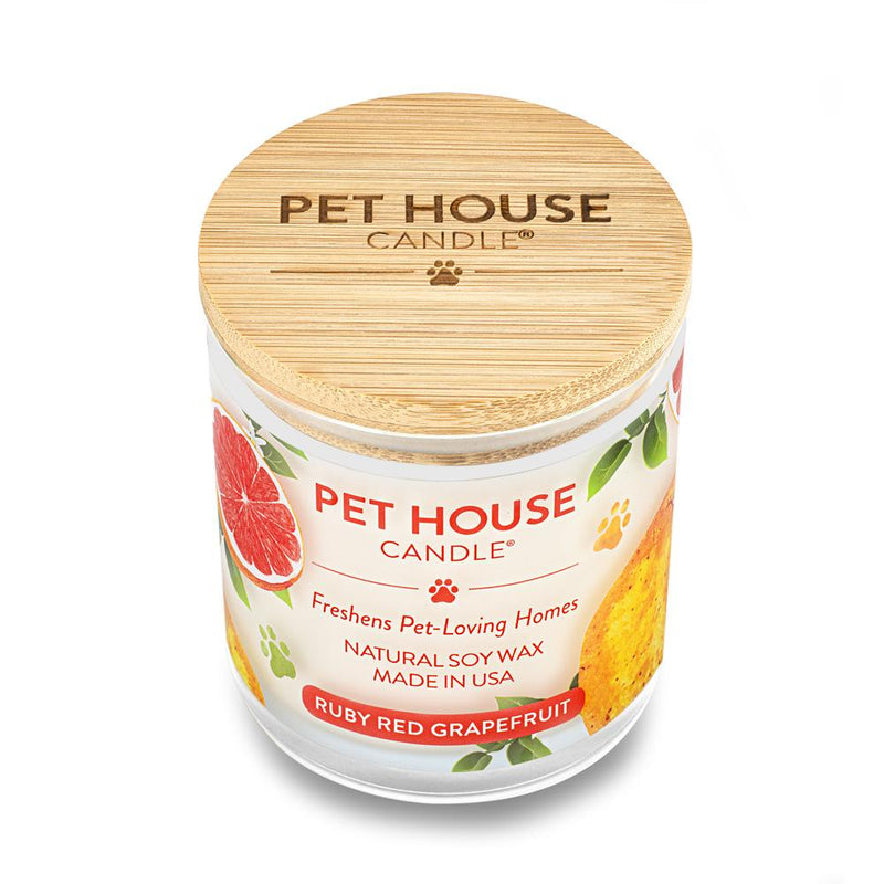 Pet House candles are hand-poured, and made from 100% natural, dye-free soy wax. Comes in an 8.5 oz. glass jar. Fragrance profile is a bright and refreshing combination of zesty red grapefruit with a hint of red currant, balanced with the subtle scent of grapefruit flower.