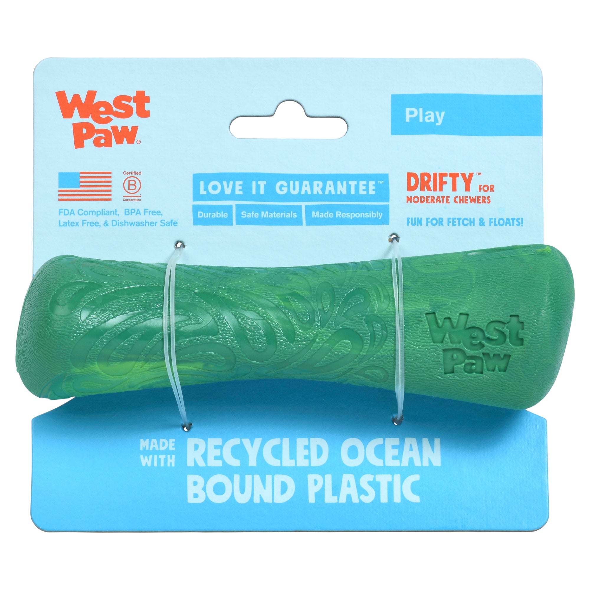 Drifty is a durable stick/bone shaped toy that is best suited for dogs who like to chew or play fetch. The bulbous ends provide the perfect chunky chew zone and the shape makes it easy for dogs to carry around. Toy floats in water and has an ocean-inspired texture.